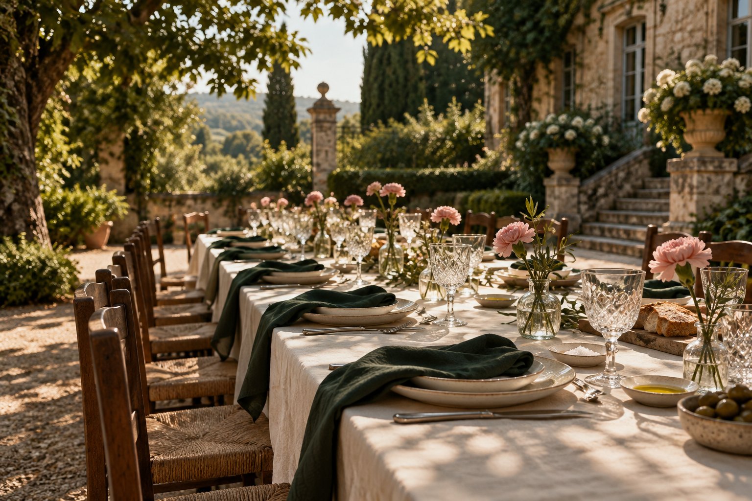 Composição conceptual de uma mesa num jardim, com linho creme, guardanapos verdes e cravos rosa